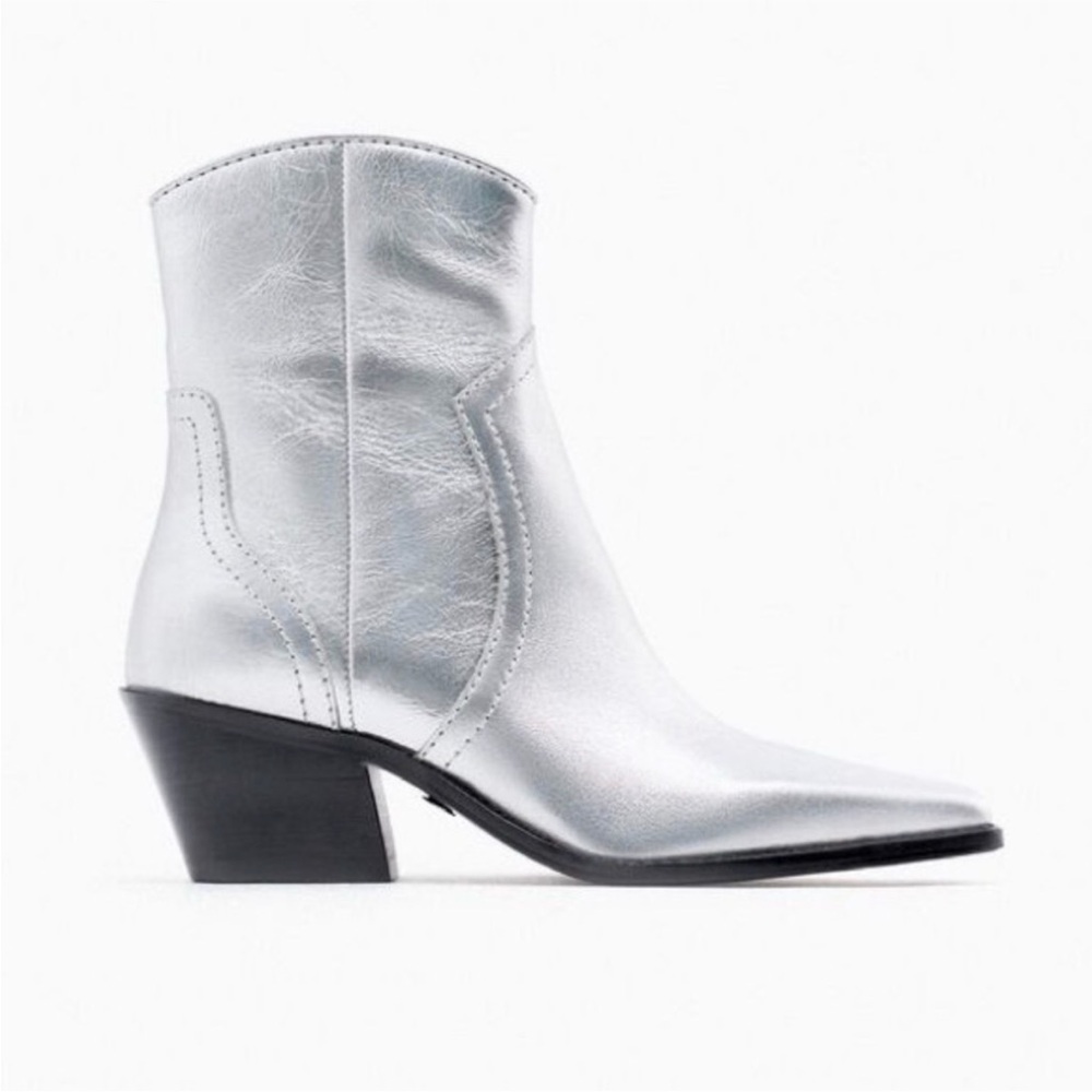 Zara Leather Metallic Ankle booties chunky block low heel Square western shiny